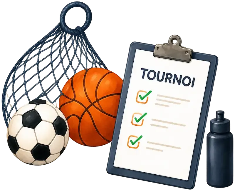 Ballons de sport, gourde et feuille de tournoi avec une liste à cocher.