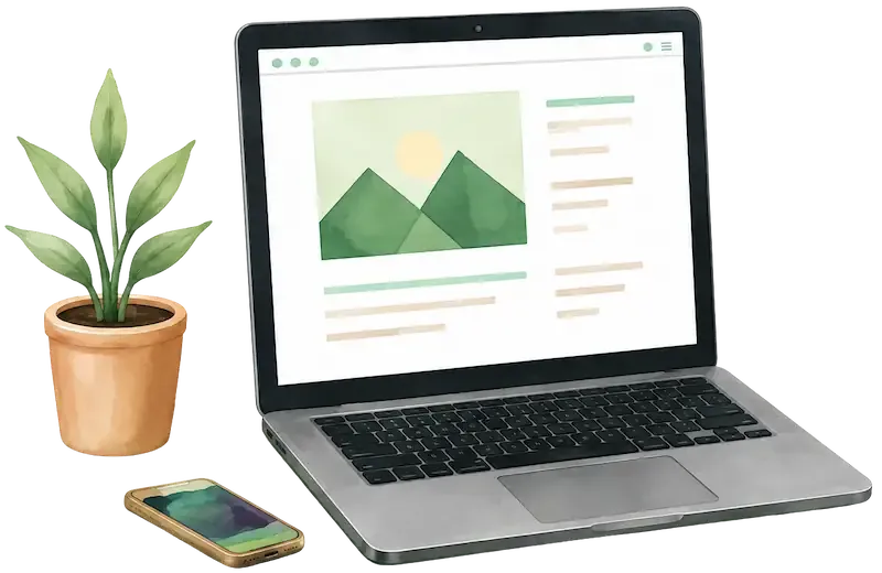 Ordinateur portable affichant une page de suivi simple, avec une plante et un téléphone.
