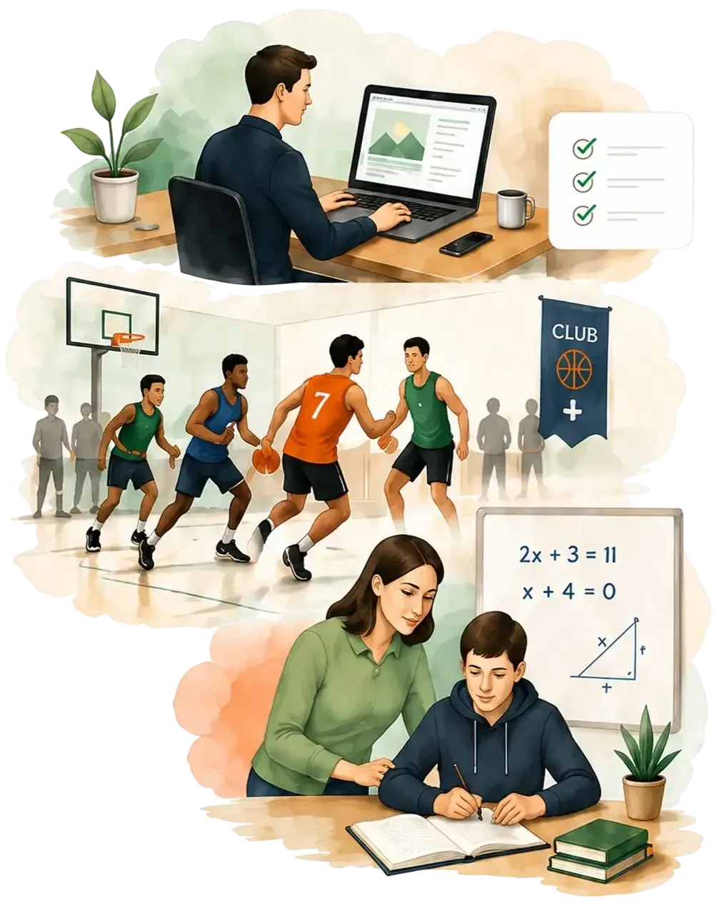 Illustration d’un accompagnement autour du numérique, des clubs sportifs et des cours de maths.